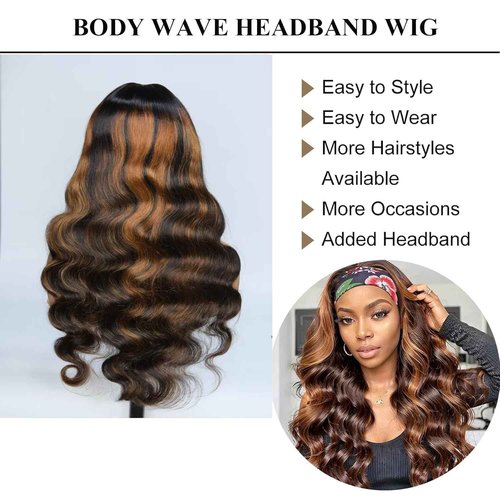 Ghaadd Headband Wig Human Hair Body Wave Headband Wigs for Black Women human hair 1b/30 color Wear and Go Glueless Wig 100% Brazilian Virgin Human Hair Headband wig 150% Density(20inch)