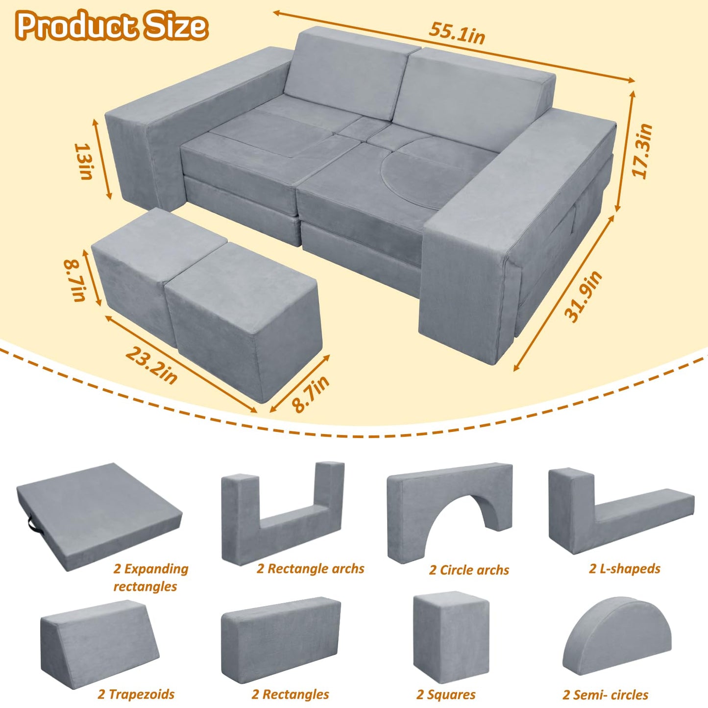 INFANZIA 16PCS Kids Play Couch, Modular Toddler Foam Sofa for Teens, Child Sectional Sofa Furniture for Playroom Bedroom, Couch Gift for Imaginative Boys and Girls