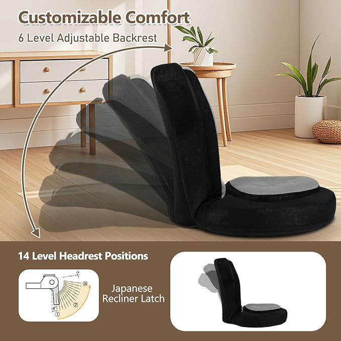 Giantex Floor Chair for Adults, Floor Gaming Chair with 5-Level Adjustable Backrest and 14 Headrest Positions, Breathable Mesh Cover, Seating Lounge Chair for Reading, Meditation, Watching TV (Gray)
