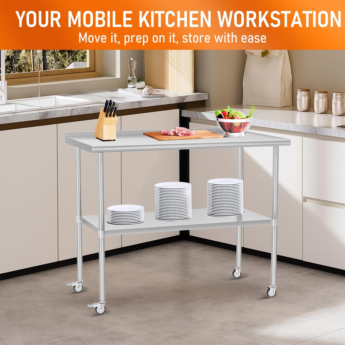 HOCCOT Stainless Steel Prep Table 30" X 48" with Adjustable Undershelf, Backsplash and Wheels, Commercial Metal Workstations for Kitchen, Garage, Outdoor BBQ