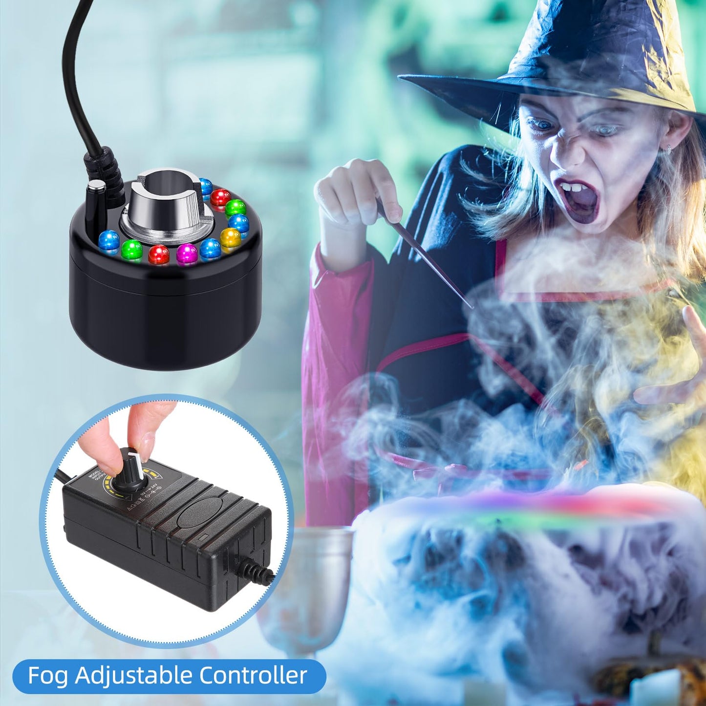 Maitys 2 Pcs Mist Maker Fogger Small Ultrasonic Fog Machine Fountain Halloween Party Cauldron Water Garden Pond Plastic LED Mister Foggers with Adjustable Fog Controller