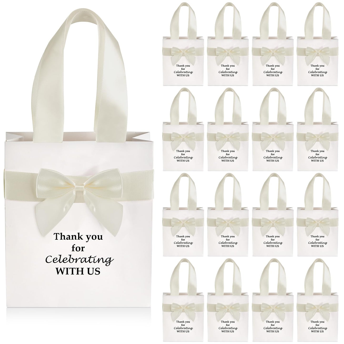50 Pcs Wedding Gift Bags Bulk with Bow Ribbon Handles 6.2x7.2x2.5 Inch Wedding Favor Bag Thank You Gift Bags for Party Favor Bridesmaid Bags Bridal Shower Baby Shower Birthday Supplies(Beige)
