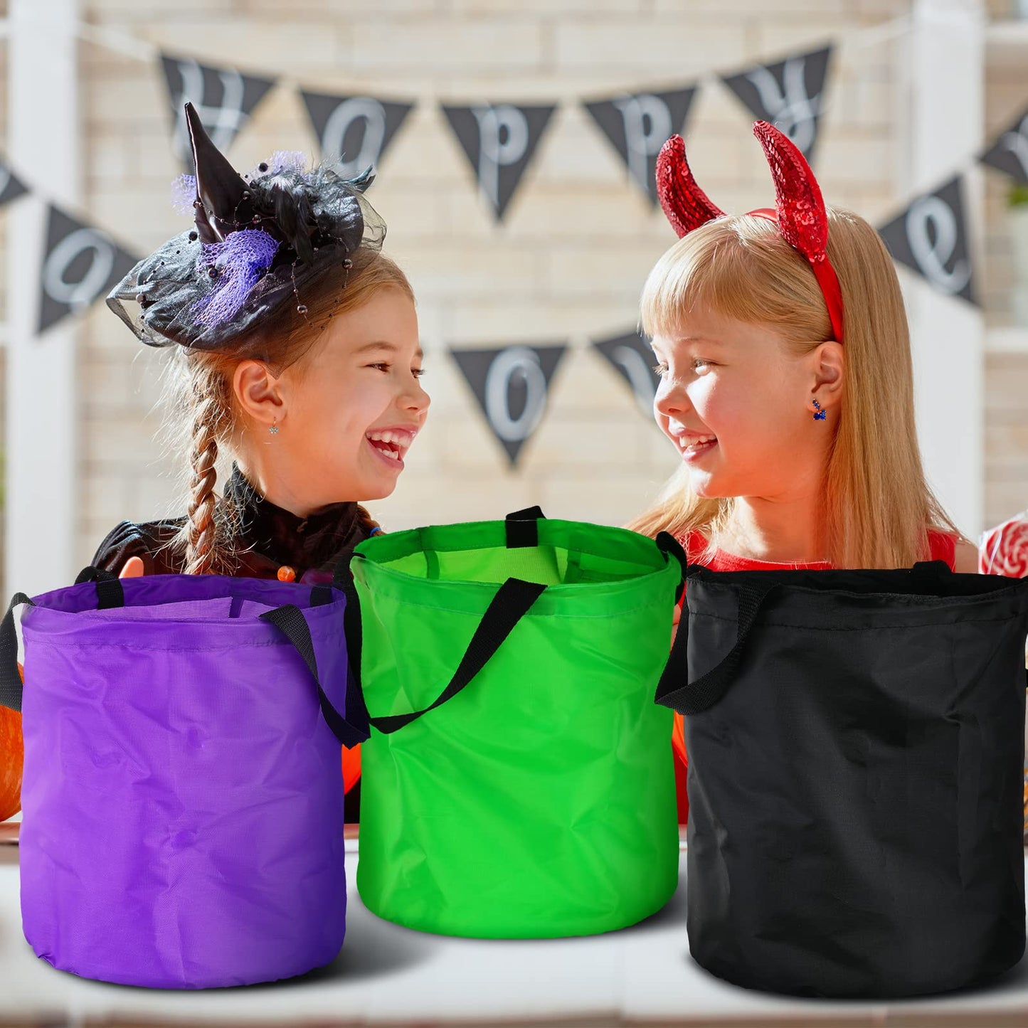 Shappy 4 Pieces LED Light Up Halloween Bucket Candy Bags Light Up Trick or Treat Bags Reusable Goody Bucket for Halloween Party Favor Supplies(Green, Purple, Black, Orange,Classic Style)