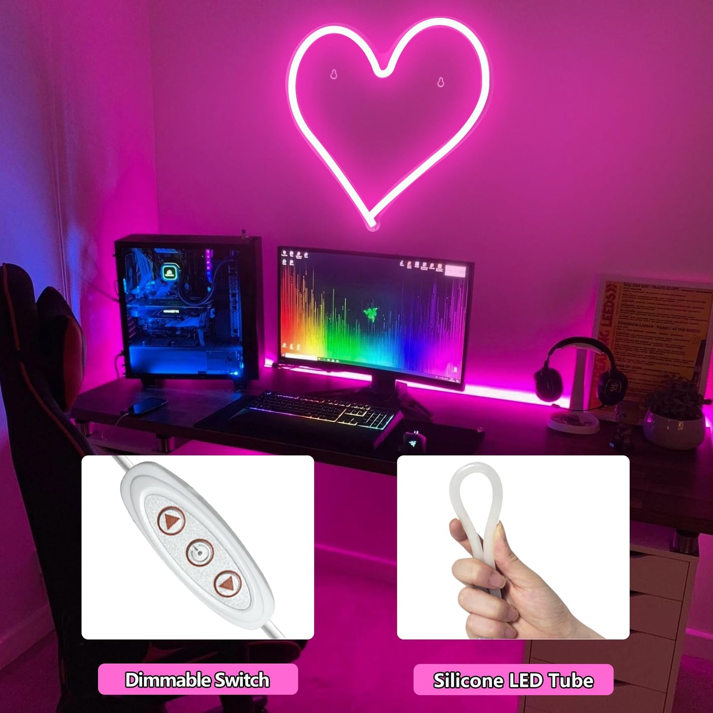 Pink Heart Neon Sign, Neon Heart Light for Wall Decor, Love Hearts LED Light up Sign 13.4×13 Inch Dimmable USB Powered Romantic Light Sign for Bedroom Valentine's Kids Room Wedding Party Decoration