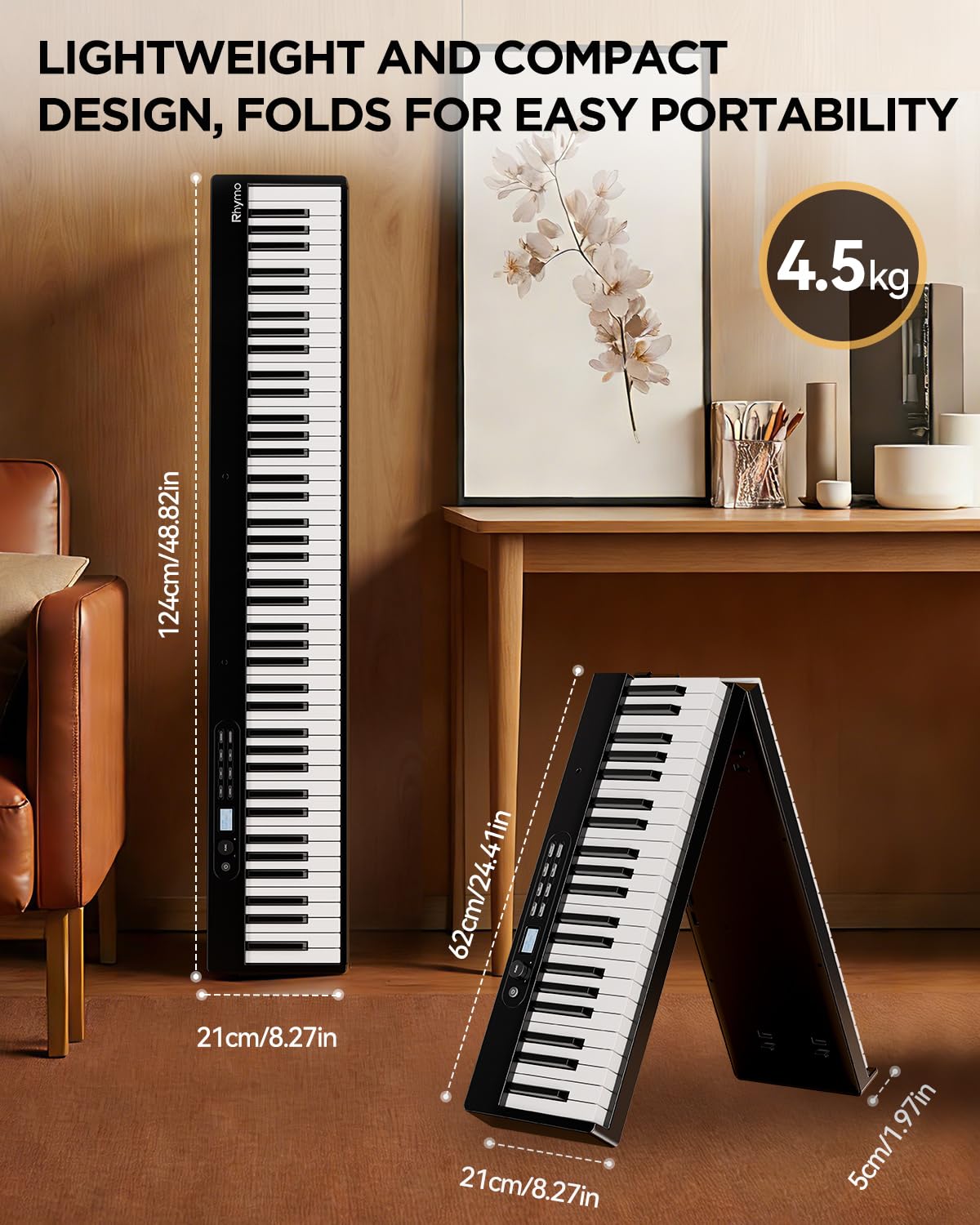 Rhymo 88 Key Portable Piano Keyboard, Semi-Weighted Folding Piano Full Size, Ultra Sound Upgrand Imitation Wood Texture Keyboard w/MIDI Bluetooth LCD Display Screen, Sustain Pedal for Beginners Adult