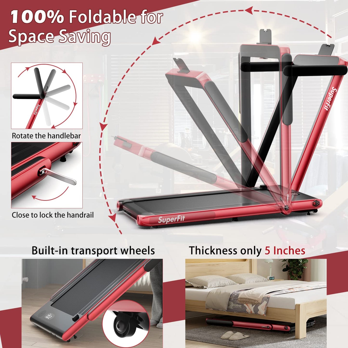 Goplus 2 in 1 Under Desk Treadmill, 2.5HP Superfit Folding Treadmills for Home Office w/Smart APP, Remote Control, LED Display, Bluetooth Speaker, Foldable Walking Jogging Machine (Red)