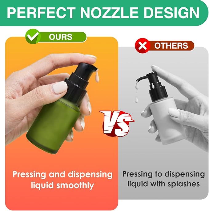 3PCS 15ML/0.5OZ Empty Green Frosted Glass Bottles with Pump Refillable Vial Cosmetic Dispenser Jars Storage Travel Lotion Container Portable Sample Bottle for Toiletries,Foundation,Cream,Gel,Lotion