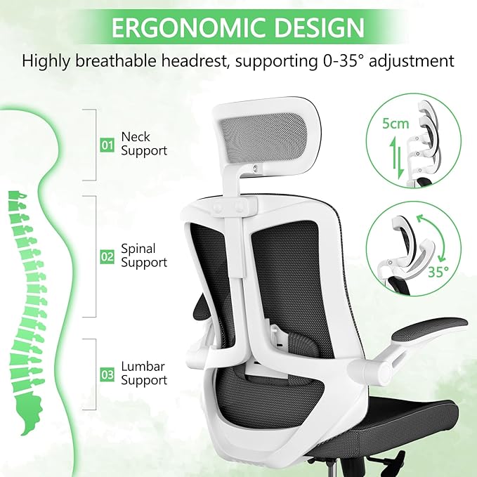 balmstar Office Chair,Ergonomic Comfy Home Desk Chair with 350LBS Capacity,High Back Gaming Chair with Wheels,Mesh Computer Chair,Lumbar Support, Adjustable Headrest,Flip-up Armrest (B-Black + White)