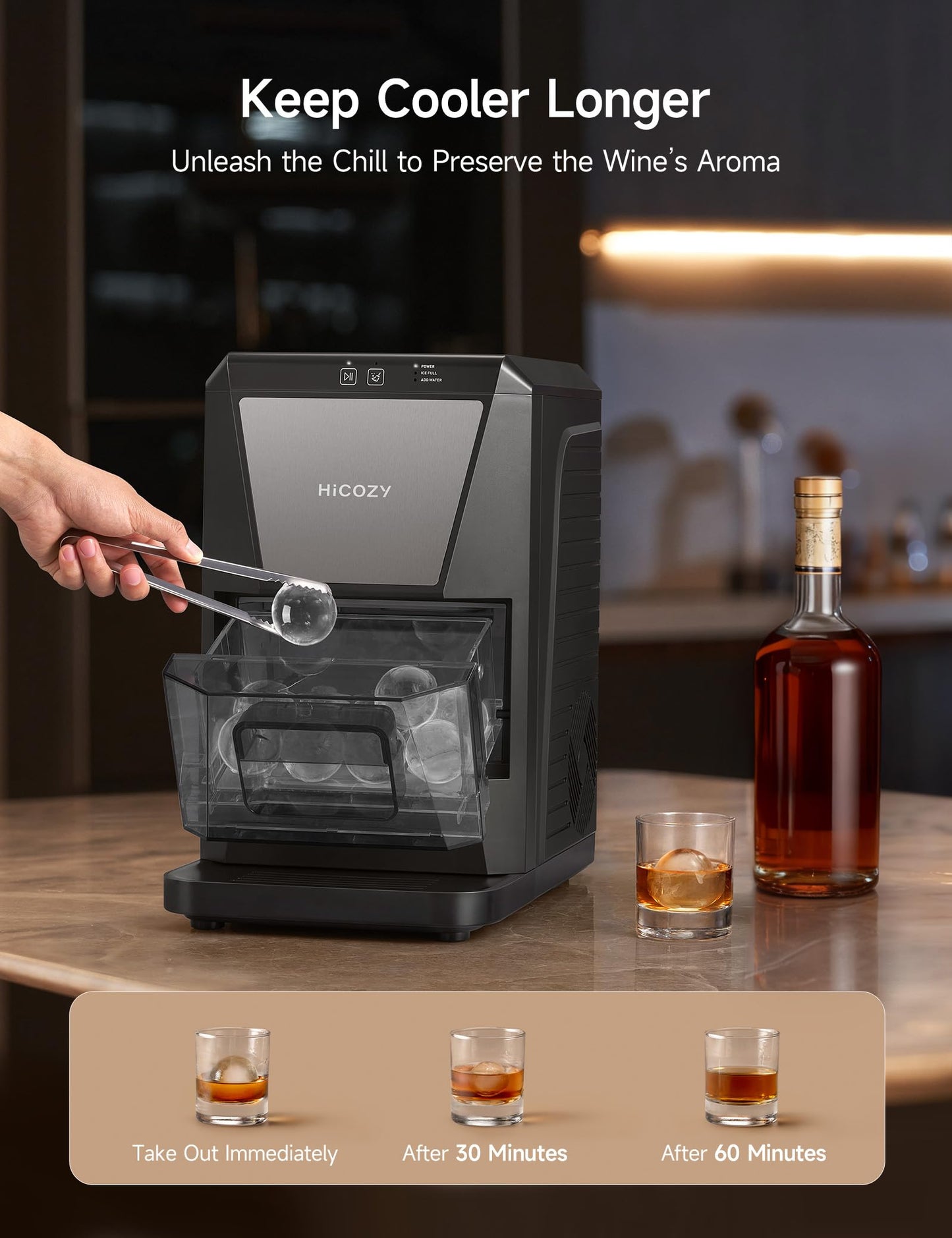 HiCOZY B1 2" Clear Ice Ball Maker Countertop,Sphere Ice Maker, 2 Big Balls in 60Mins,40 pcs/Day, Self-Cleaning Ice Machine with Ice Tong for Cocktails, Whiskey, Present for Dad