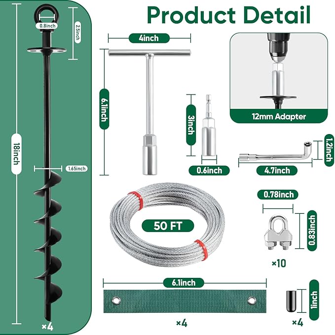 Ciyivak 18'' Ground Anchors Screw in Heavy Duty, Shed Anchor Kit with Straps & Steel Cable & Tools, Earth Anchors for Mobile Home, Carports, Swing Set, Tree, Trampoline - Secure Against High Winds(4)