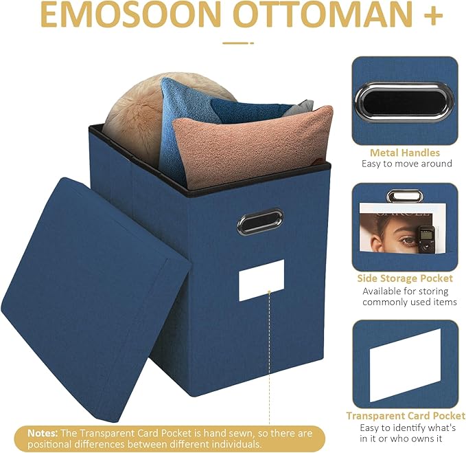 Emosoon Tall Ottoman with Storage Collapsible Fabric Small Slim Folding Ottoman Furniture with Handles Lid for Room Footrest Foot Stool Linen Navy Blue 16.5x16.5x11.8in