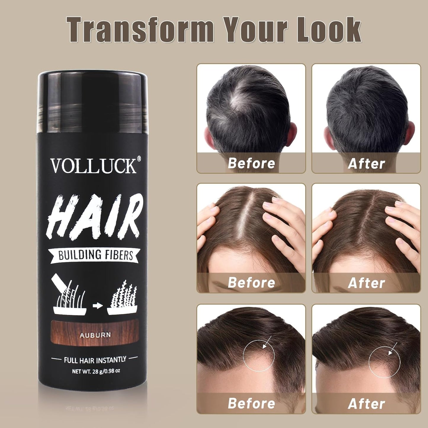 VOLLUCK Hair Fibers for Thinning Hair, Instant Coverage Hair Building Fibers for Women and men, Natural Hair Powder for Conceal Hair Loss 28 g (Auburn)