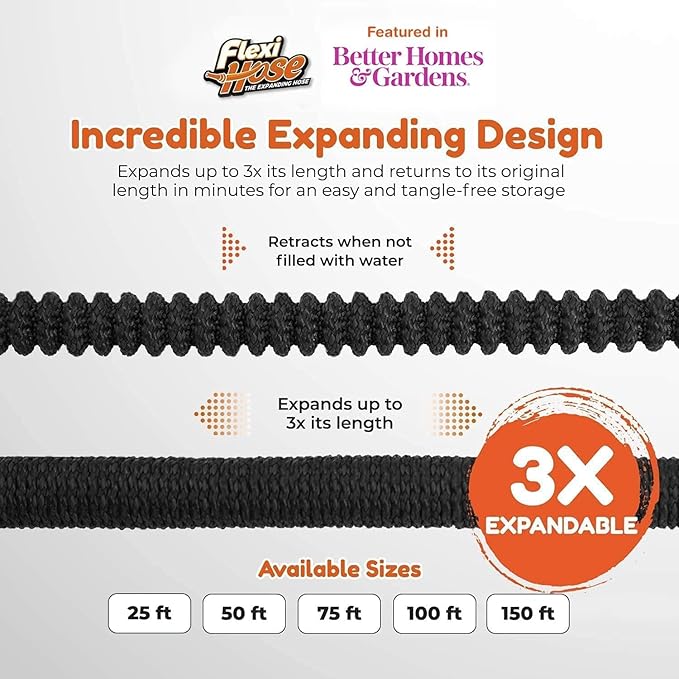 Flexi Hose Plus Expandable Garden Hose with 8 Function Nozzle, 100FT - Lightweight Retractable Garden Hose, Water Hose - No-Kink Flexibility, 3/4 Inch Solid Brass Fittings Includes Hook & Bag
