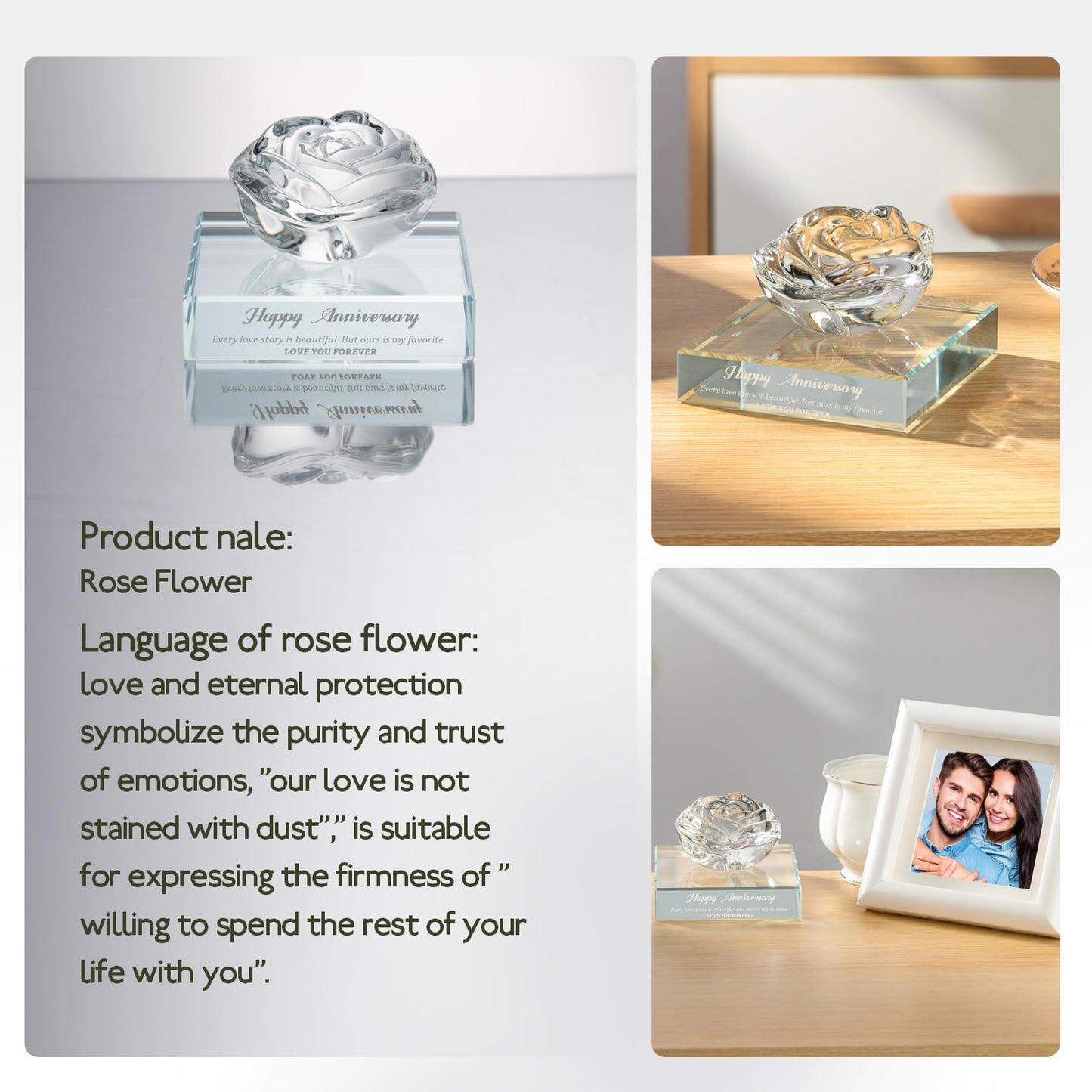 PEEYHONY Gift for Women, Eternal Crystal Rose Flower Figurine Ornament Wedding Anniversary Love Gift for Love One, Happy Anniversary Day Gifts Ideas for Wife Girlfriend Couple Her