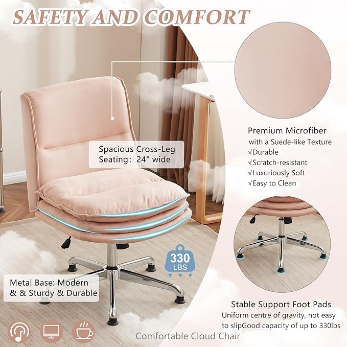 VINGLI Cloud Criss Cross Legged Home Office Desk Chair, 18" High Back Armless, Wide Adjustable Comfy Padded Seat, Modern Swivel Makeup Vanity Chair, Microfiber, Pink