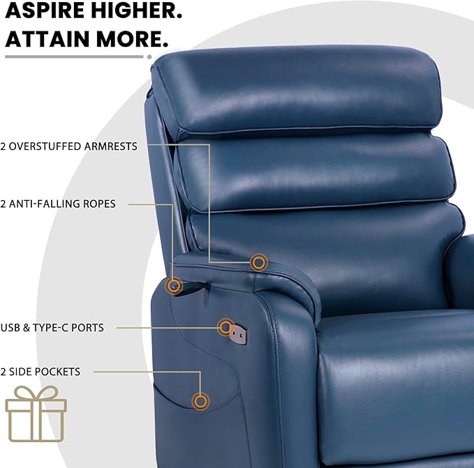 EONIX Wide Lay Flat Power Lift Recliner Chair for Elderly, Heavy Duty Oversized Faux Leather Lift Chairs with Heat and Massage and Charging Ports, Big and Tall Electric Recliner for Adults, Navy Blue