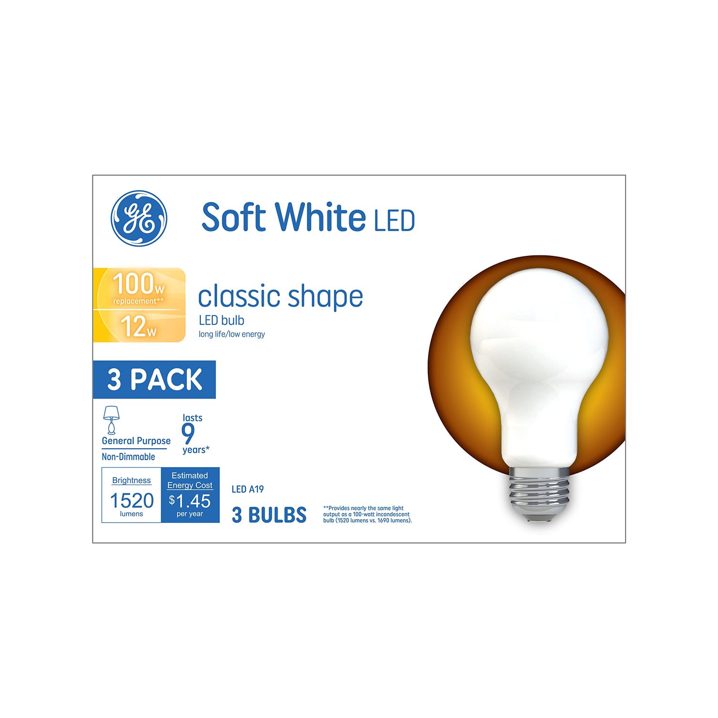 GE LED Light Bulbs, 100 Watt, Soft White, A19 3 Count (Pack of 1)