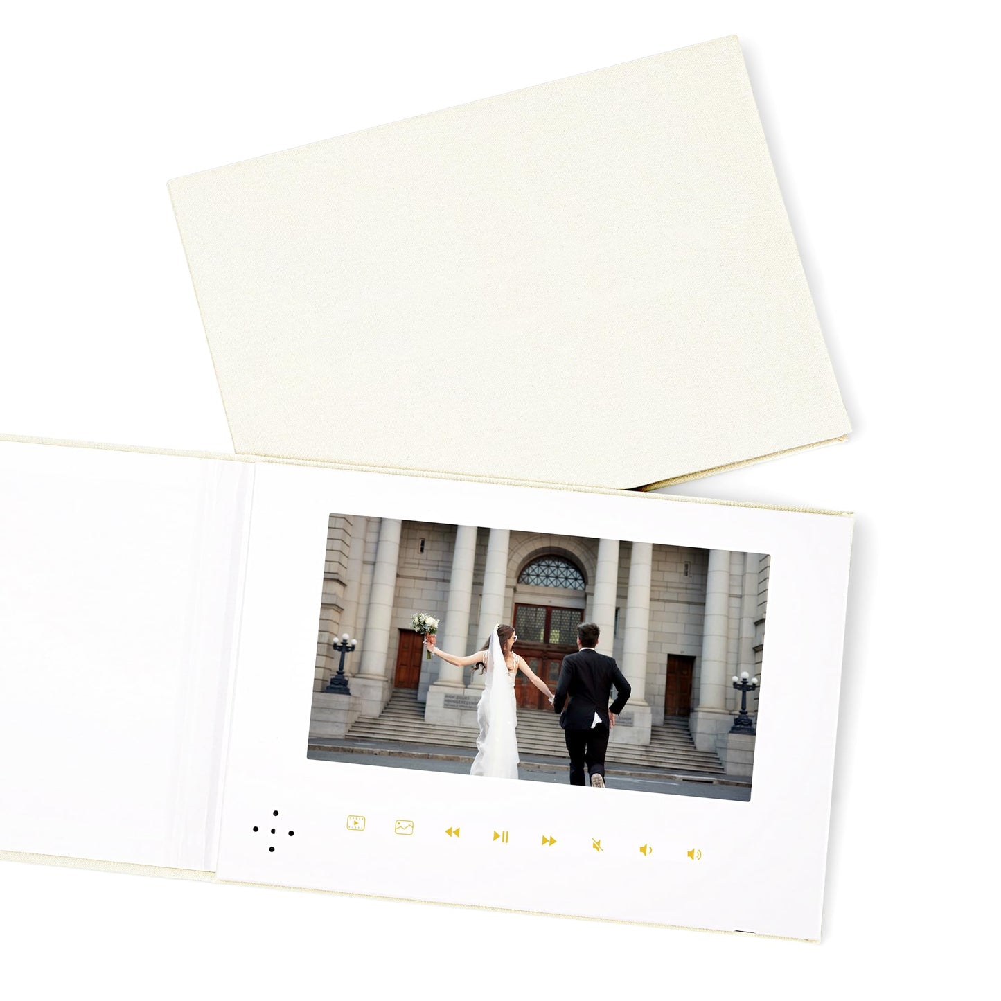 GXNI Luxury Linen Bound Video Book, 7" IPS Display, 4GB Memory, Rechargeable Battery, Up to 3 Hours HD Video Storage, Perfect for Weddings, Graduation Birthdays, Anniversaries, and More (Beige)