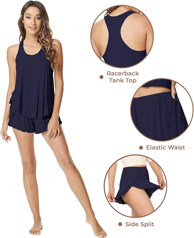 NACHILA Pajamas for Women-Viscose from Bamboo, Ribbed Racerback Tank Top Sexy Split Shorts Pajama Sets Cooling Sleep Cami Pjs
