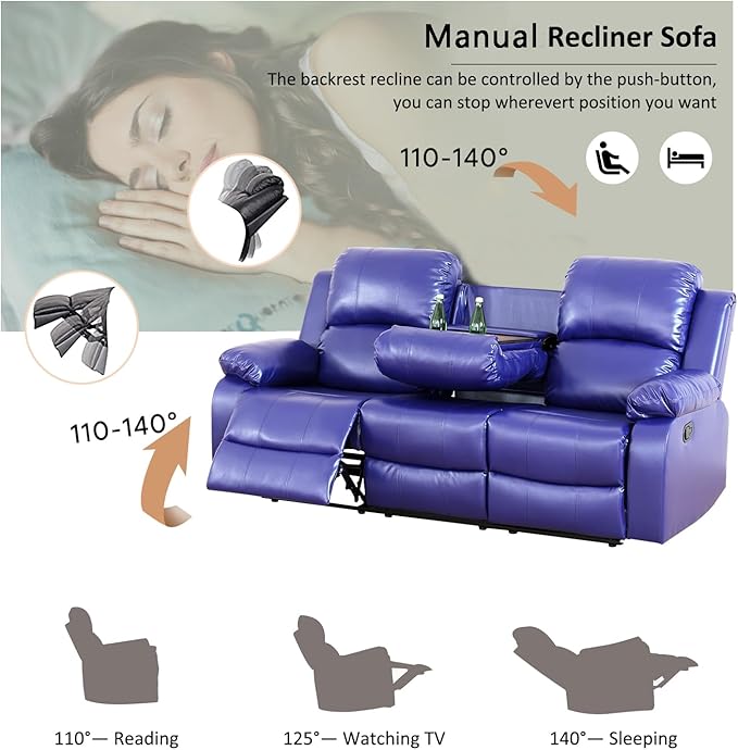 A Ainehome Living Room Furniture Set Leather Recliner Sofa Set Loveseat Chair Furniture Sofa Set for Living Room/Small Space/Rv/House/Office/Theater Seating (A-Blue Leather, Sofa+Chairs)