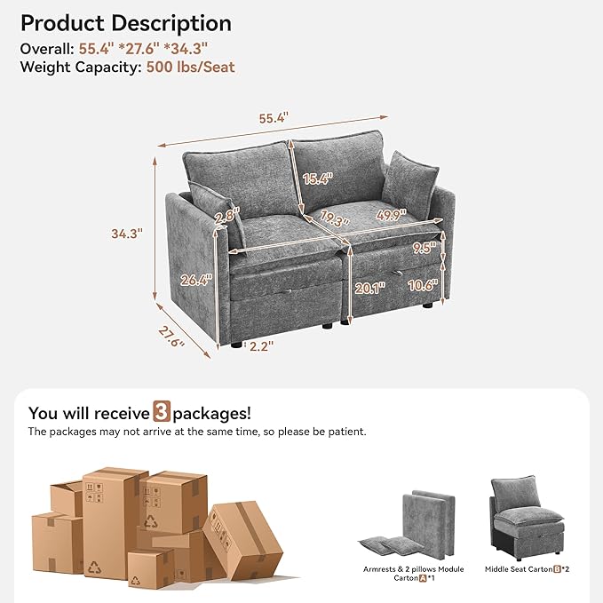 55" Cloud Modular Loveseat Sofa with Storage, Modern Upholstered Sofa Couch Small Love Seat，2 Seater Chenille Comfy Sectional Sofa with Armrests for Living Room, Small Space, Light Grey