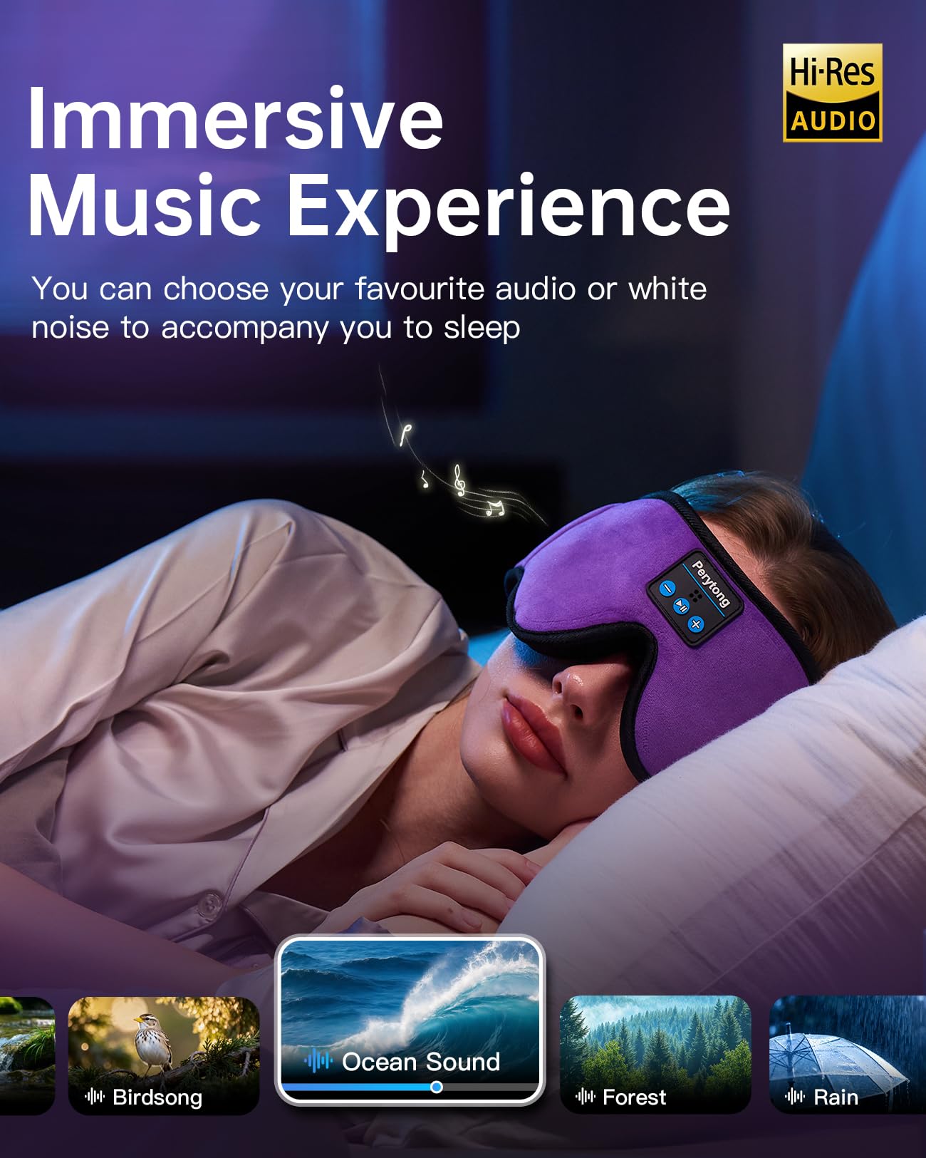 Sleep Mask with Bluetooth 5.4 Headphones, Wireless Music Sleep Eye Mask for Side Sleepers, 3D Contoured Comfort & Built-in HD Stereo Earphones, Noise Canceling & Blackout for Travel (Deep Lavender)