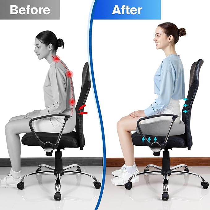 CushyOasis Seat Cushion, Chair Cushions, Office Chair Cushions, Anti-Slip Bottom & Removable Cover Tailbone Pain Relief Cushion, Memory Foam Seat Cushion, 5.28 in Thick (Light Grey)