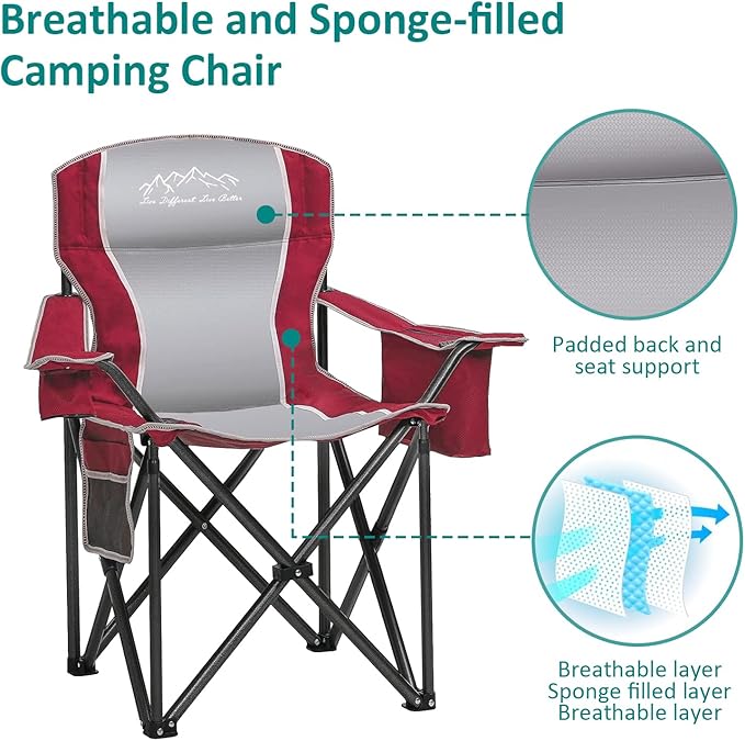 SAILARY Camping Chair Heavy Duty High Back Folding Chair with Cup Holder, 450lbs Capacity, Padded Seat, Cooler Bag & Storage Pocket, Portable for Outdoor, Beach, Fishing, Sports, Red