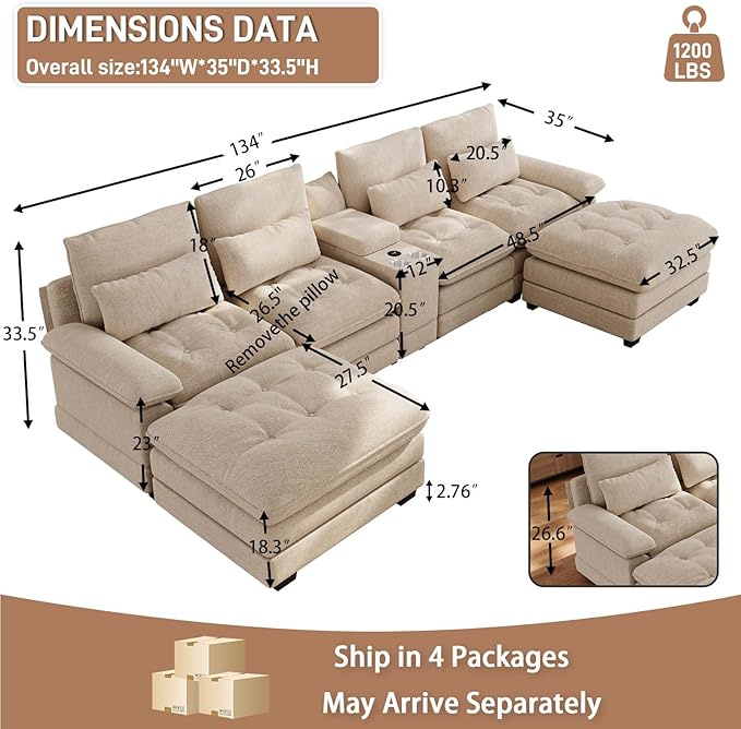 BEQAI 134"U Shaped Sectional Couches for Living Room, Oversized Modular Sectional Fluffy Couch with 2 Ottoman & Storage Console,Modern 6 Seat Living Room Sofa with Glitter Fabric,Tufted Buttons, Camel