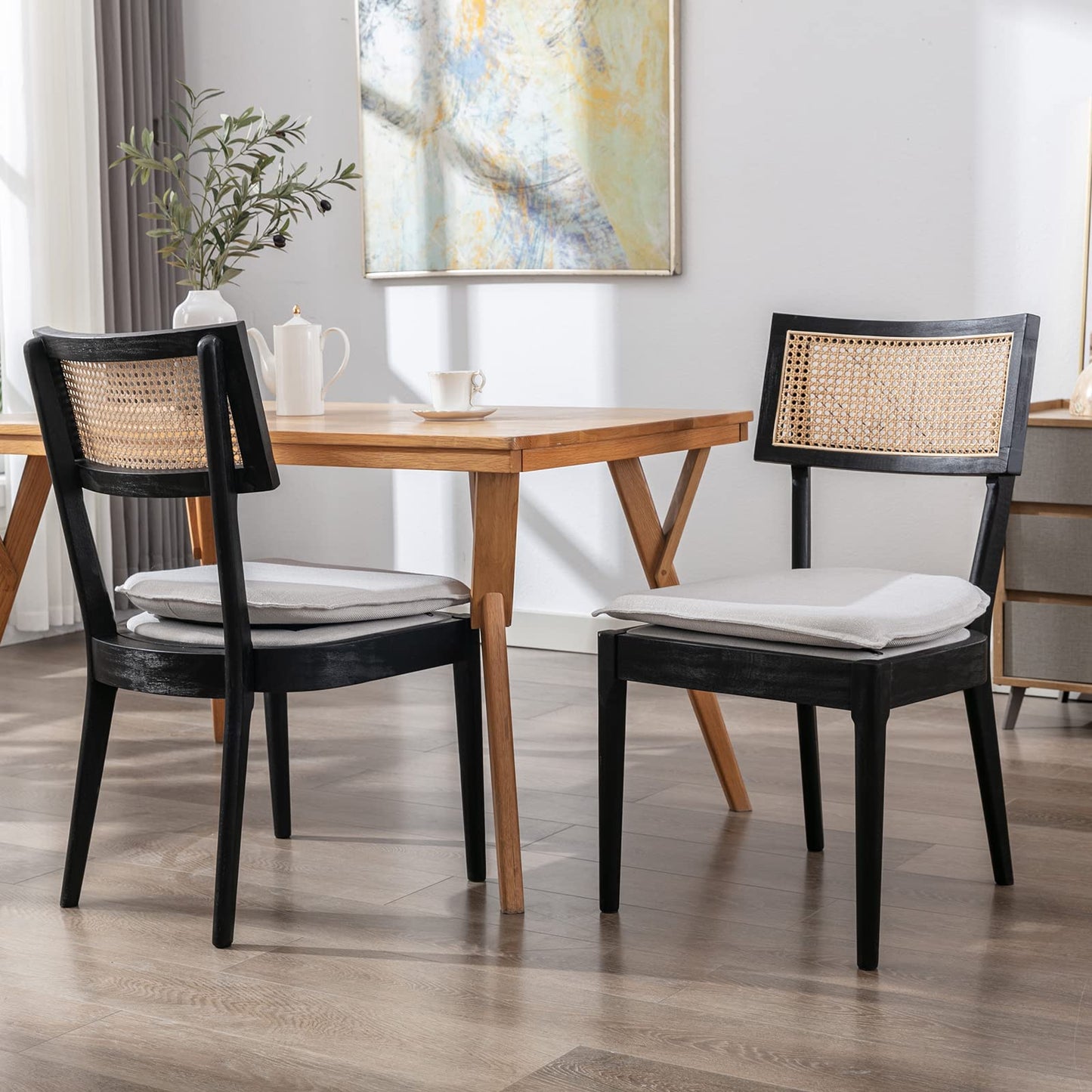 ZH4YOU Black Rattan Dining Chairs Set of 2, Farmhouse Cane Back Kitchen Chairs with Removable Linen Upholstery Side Chairs with Wood Legs for Dining Room/Restaurant