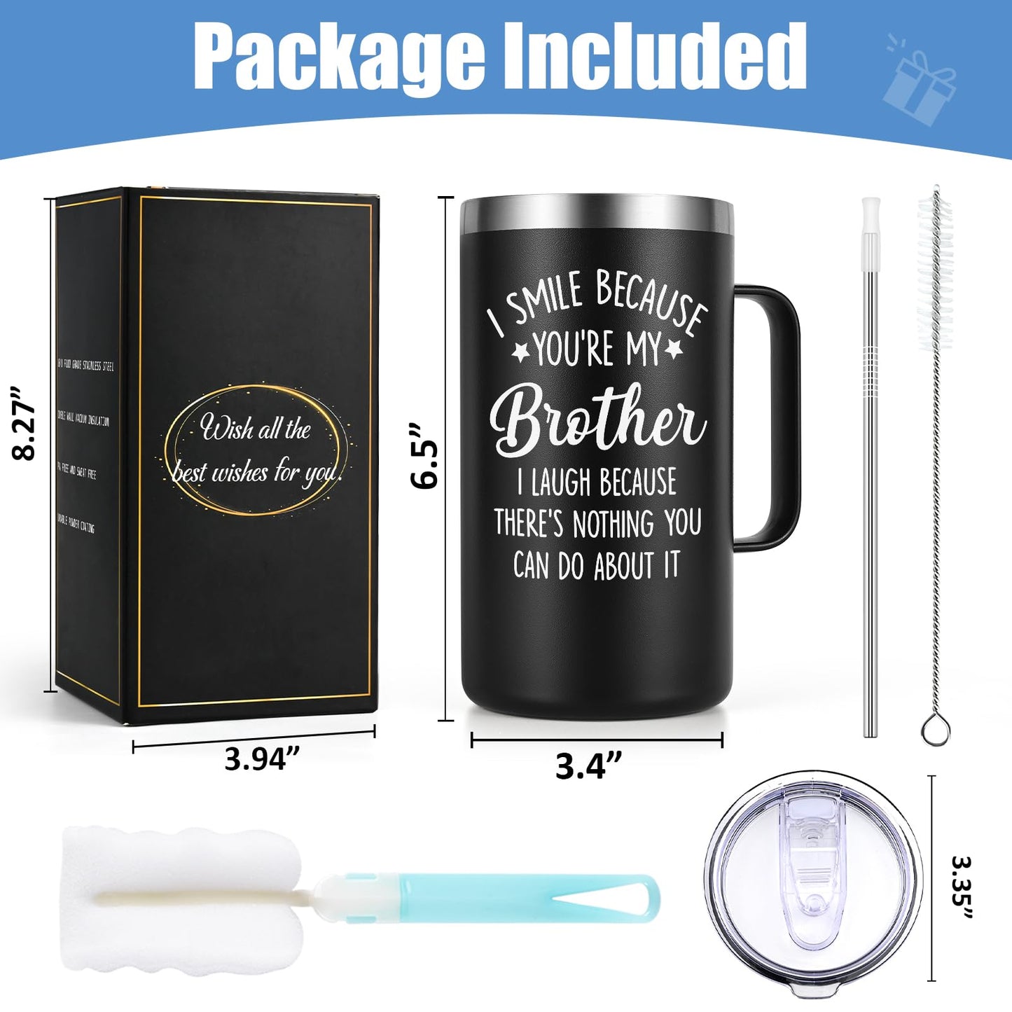 Lifecapido Gifts for Brother, Brother Gifts from Sister, I Smile Because You’re My Brother 20 oz Insulated Coffee Mug, Birthday Christmas Gifts for Brother, Black