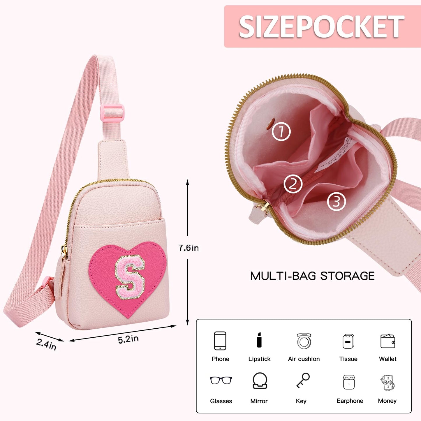 KKXIU Girls Initial Sling Crossbody Bag Toddler Fanny Pack Personalized Gift Kids Purse (S)