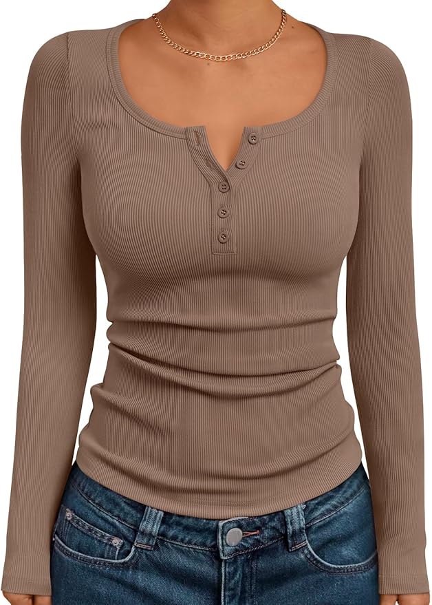 Trendy Queen Long Sleeve Shirts for Women Henley Ribbed Fall Tops Dressy Business Casual Teen Girl Winter Cute Basic Tees