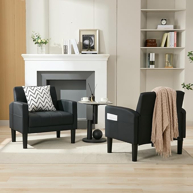 TYBOATLE Accent Chair Set of 2 Living Room Chairs Cozy Tufted Mid Century Modern Black Accent Chairs with Arms for Bedroom Comfy Reading Arm Chair Small Chairs for Small Spaces Office(2, Black)