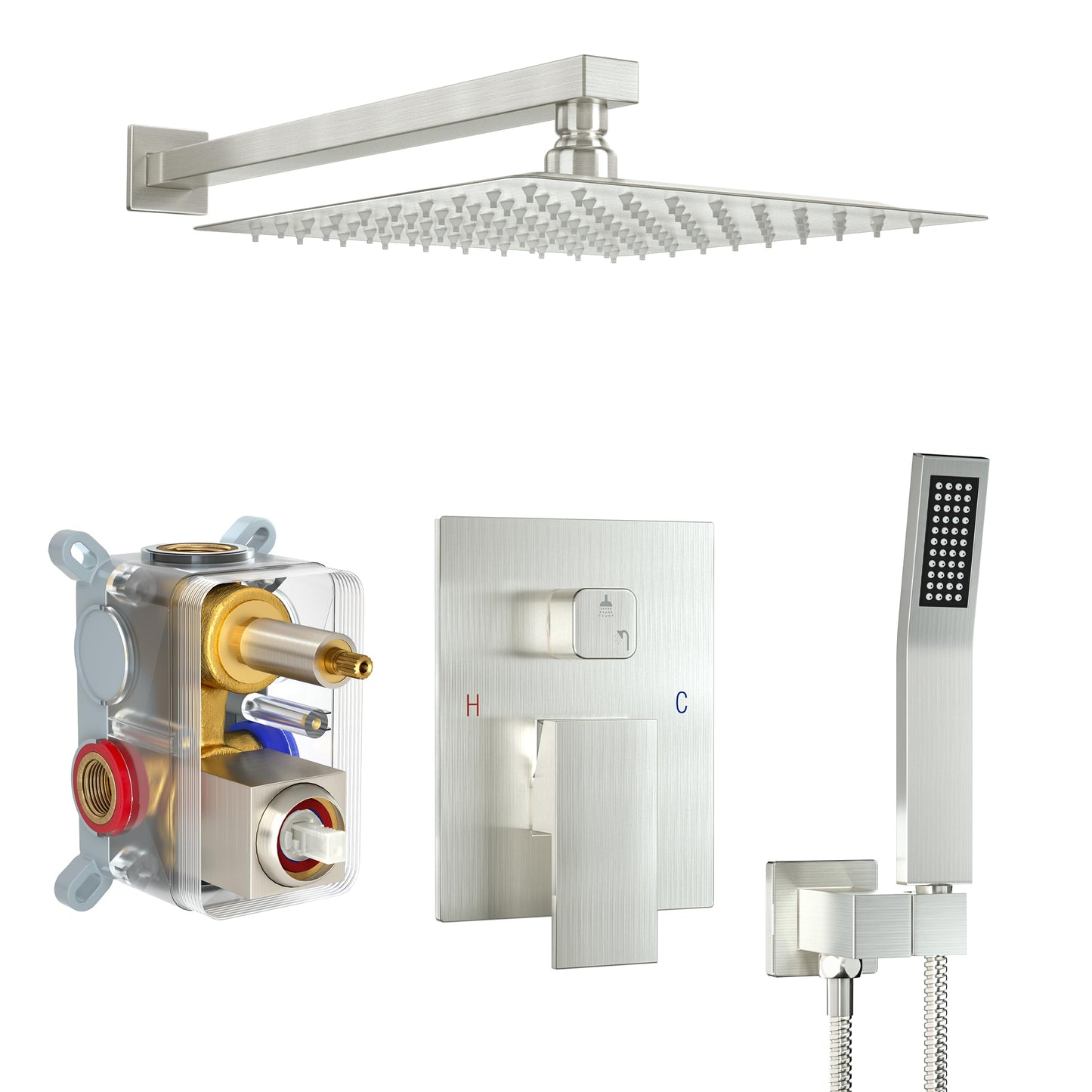 Fatspas Luxury Rain Shower System with 10 Inch High Pressure Showerhead and Handheld Combo, Brushed Nickel Shower Faucet Set with Pressure Balance Valve, Wall Mounted 2-Way Shower Trim Kit