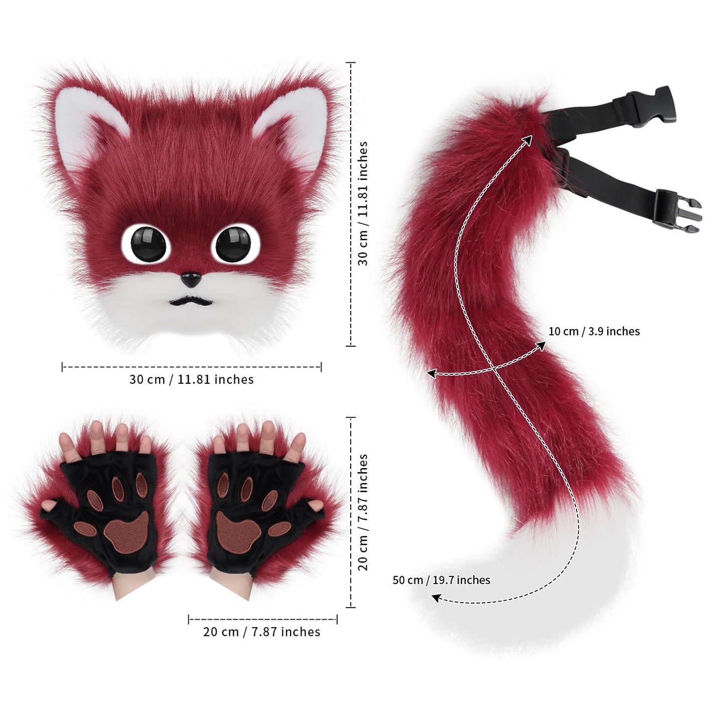 SMILETERNITY Faux Fur Furry Plush Cat Mask Paw Gloves Fox tail Set Costume Cosplay New Year Halloween