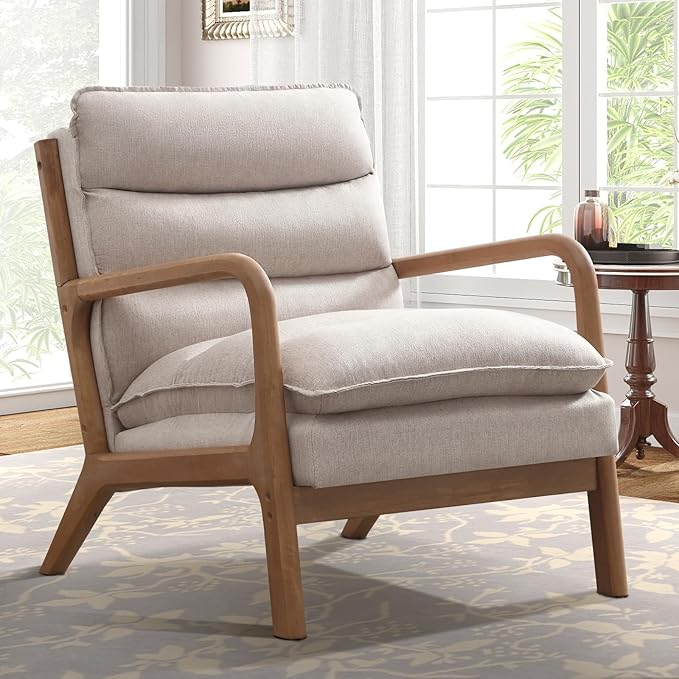 IOMOR Mid Century Modern Accent Chair, Upholstered Lounge Armchair with Plump Back Pillow, Comfy Reading Chair with Solid Wood Frame for Bedroom Living Room (1, Beige)