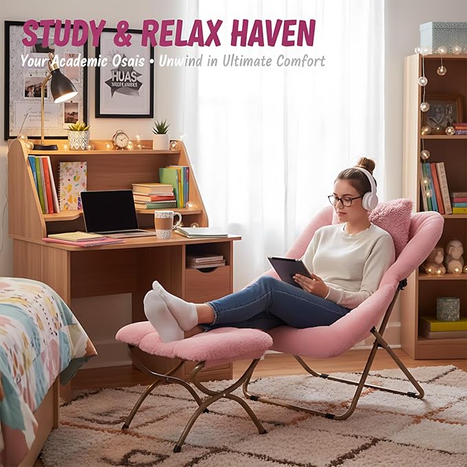 Givjoy Comfy Folded Chair with Ottoman, Oversized Folding Faux Fur Chair Soft Furry Lounge Lazy Chair with Metal Frame Moon Chair Accent Chair for Bedroom, Living Room, Dorm Rooms