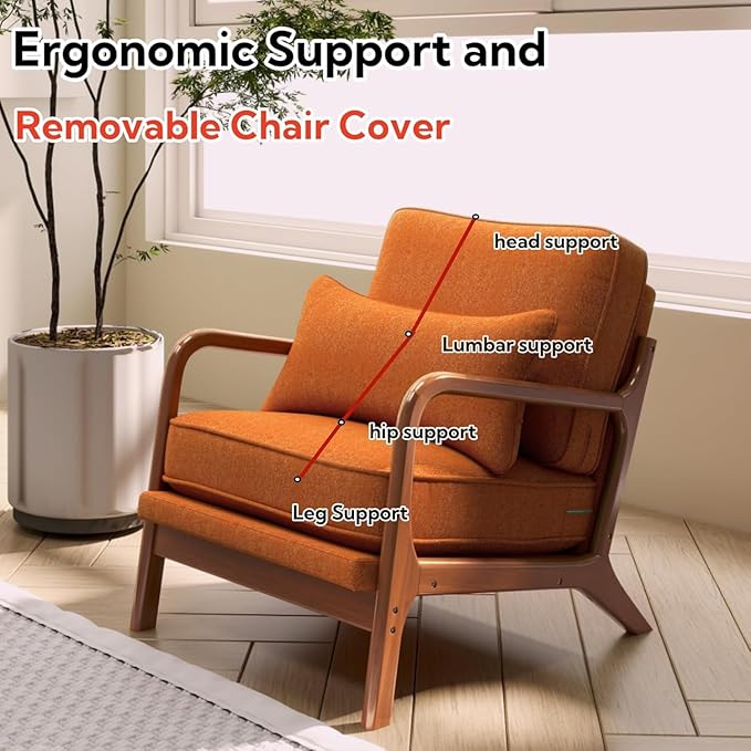 SEYNAR Mid-Century Accent Chair,Linen Fabric Lounge Chair with Wide Armrest,13-16.5'' Low Seat Height Armchair with Lumbar Pillow & Solid Wood Frame for Living Room, Bedroom, Balcony(Orange)