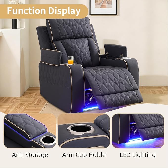 Caberryne Power Recliner Sofa Set with LED Lights,Suede Leather Reclining Couch with Coffee Table/Storage Console/Cup Holder,Reclining Living Room Set with 5 Recliner Seats for House(3 Piece Set,Navy)