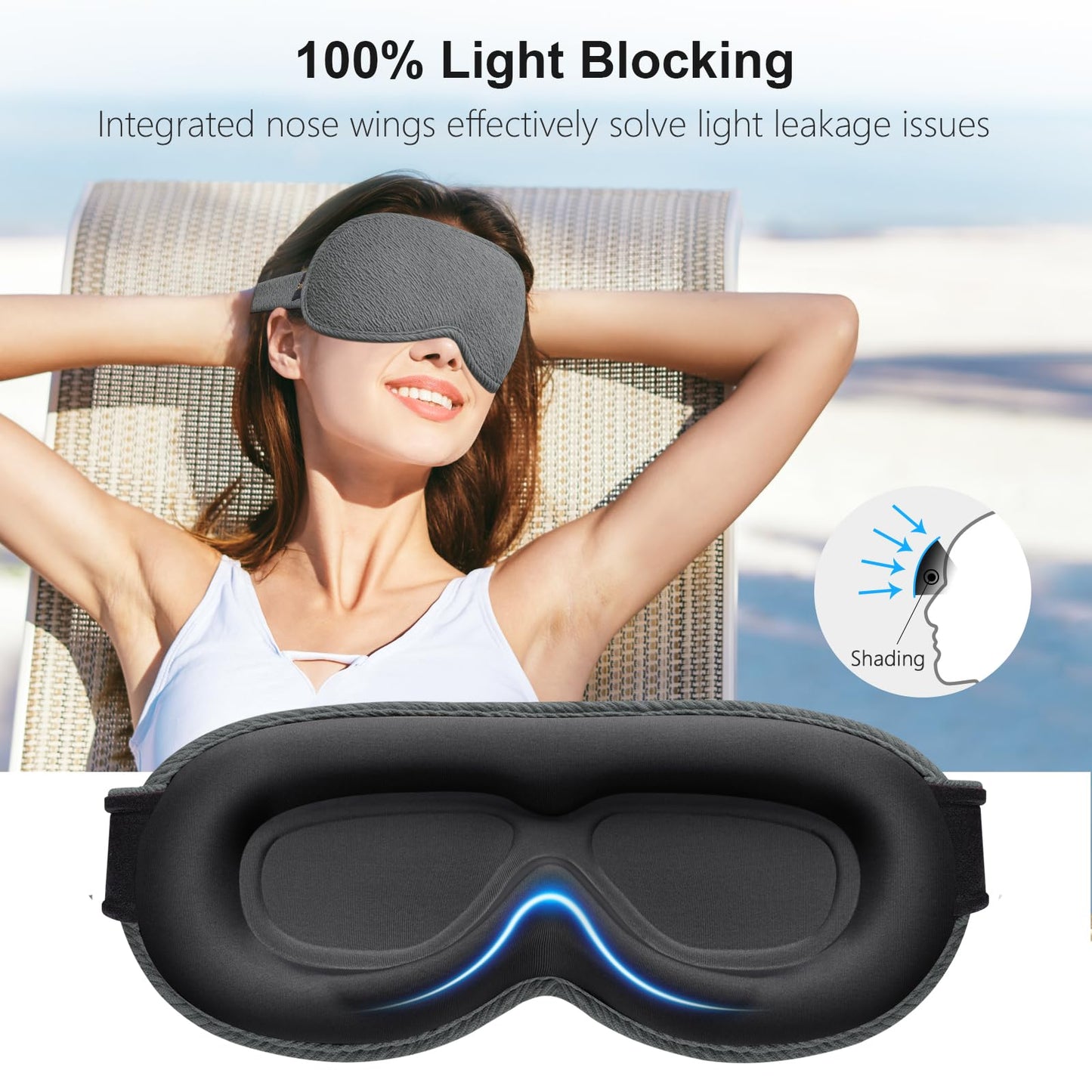 Gritin 100% Blackout Sleep Eye Mask for Women Men,Zero Eye Pressure Sleeping Mask-Ergonomic Design 3D Cutout Eye Movement and Eyelash Friendly Night Blindfold,Ultra Soft&Comfortable for Sleeping-Grey