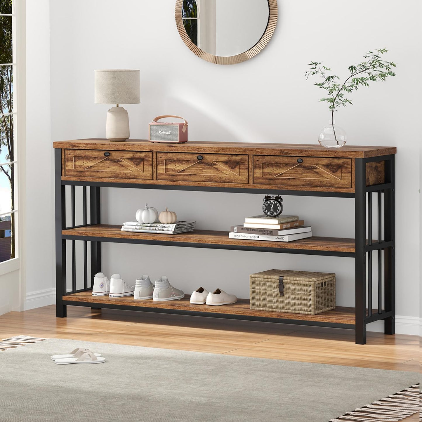 HSH Entryway Table with 3 Drawers, 55” Rustic Sofa Table with Storage Shelves, 3 Tier Console Table Behind Couch for Living Room, Farmhouse Wood Metal Entry Hallway Table for Entrance, Brown, 55 inch