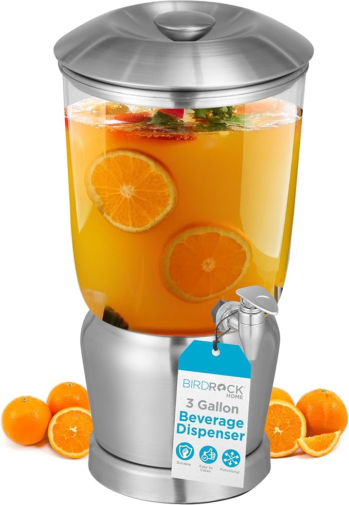 BIRDROCK HOME 3 Gallon Stainless Steel Beverage Dispenser with Ice Container, Spigot - Round - Lemonade Sangria Tea Water ...