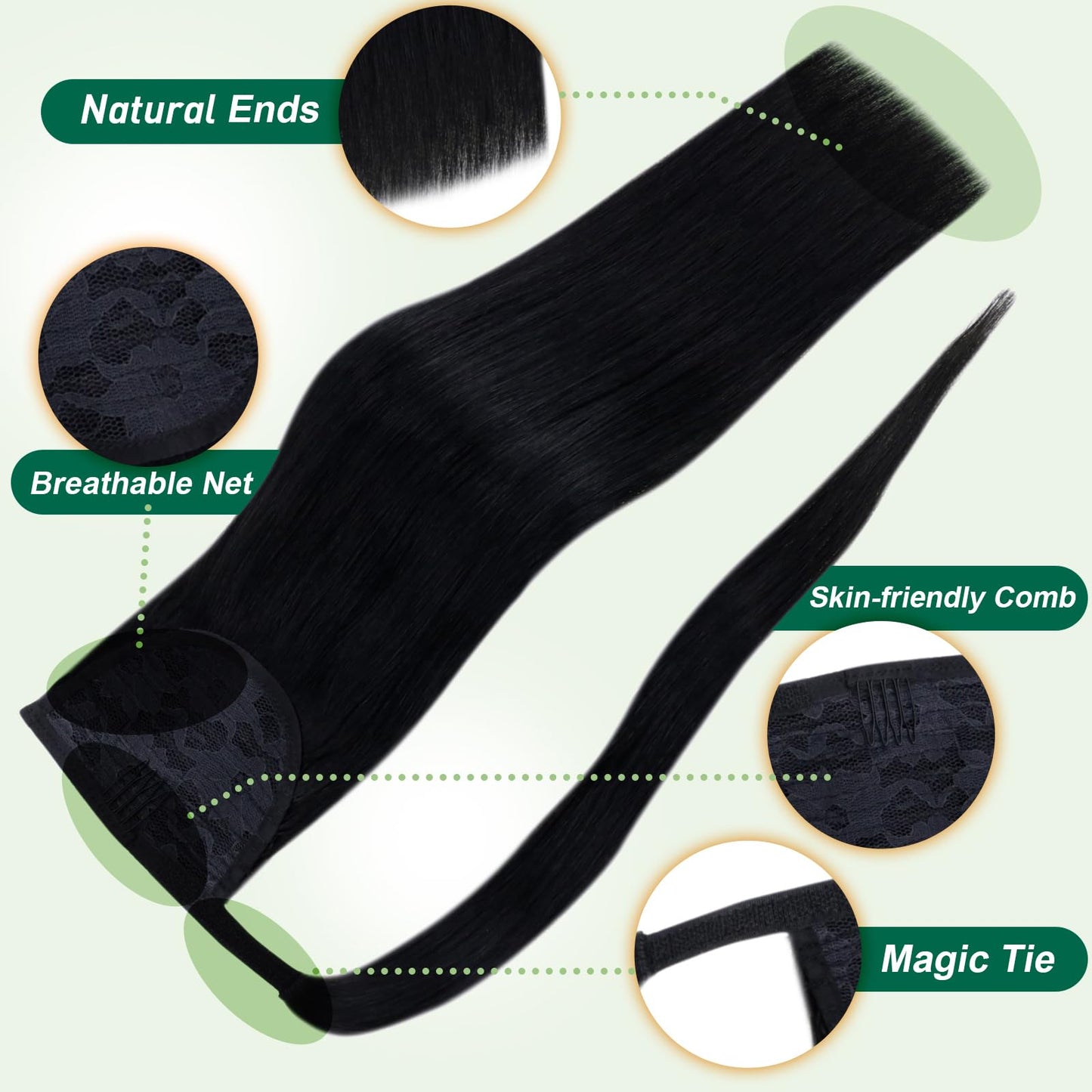 Easyouth Ponytail Extensions Human Hair Black Human Hair Ponytail Extension Jet Black 14 Inch Hair Extensions Ponytail for Schoo