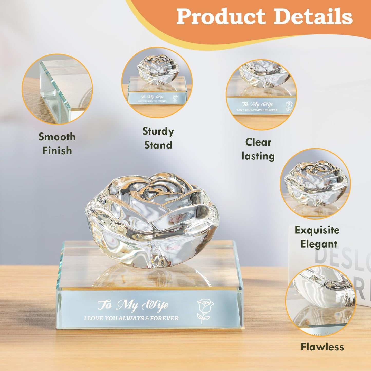 PEEYHONY Gifts for Wife, Romantic Crystal Rose Figurine Ornament with Laser Text Gift from Husband, on Anniversary Wedding Christmas Birthday Valentines Love Gift for Wife