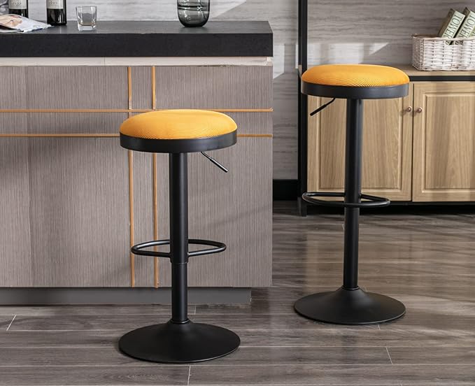 EALSON Modern Swivel Bar Stools Set of 6 Adjustable Counter Height Backless Barstools with Metal Base Fabric Upholstered Round Bar Stool Chairs for Kitchen Island/Pub/Breakfast Bar, Yellow