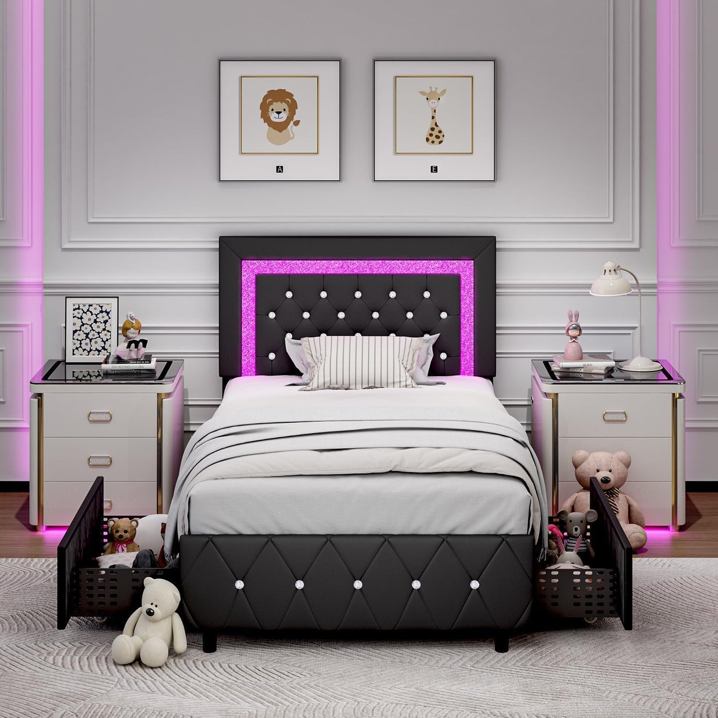 Twin Bed Frames with LED Lights and Storage Drawers, Upholstered Bed Frame with Diamond Headboard, Faux Leather Modern Platform Bed, Wooden Slats Support, No Box Spring Needed, Black