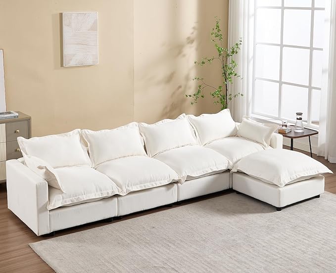 chairus 126" Modular Sectional Sofa with Moveable Ottoman Upholstered Deep Seat Linen Couch Set with Soft Pillows L-Shape Sofa Couch for Living Room, Apartment, Reception Room, 4-Seater/White