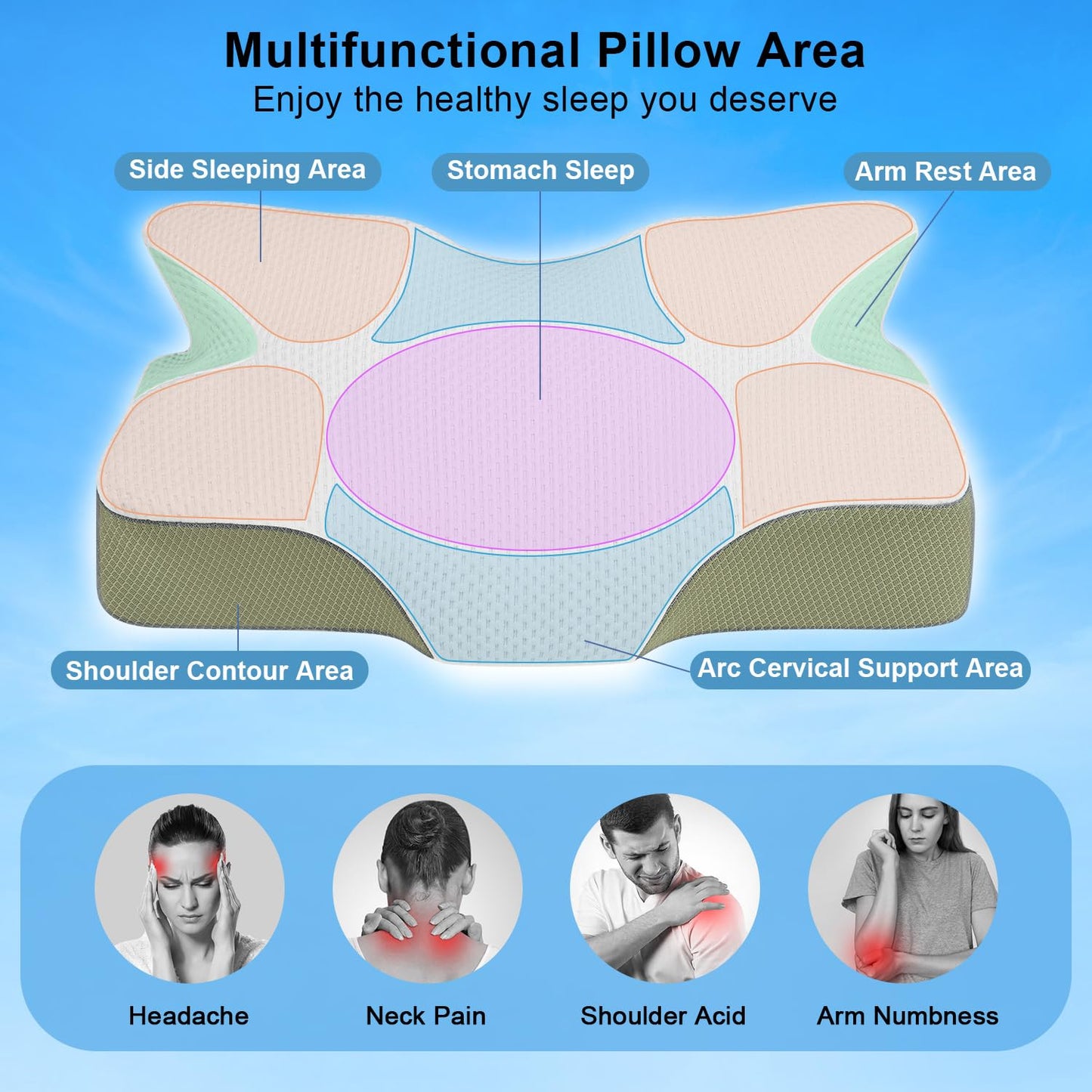 Anvo Cervical Pillow for Neck Pain Relief, Neck Pillows for Pain Relief Sleeping, Memory Foam for Back and Shoulder Pain, Ergonomic Design for Side Back Stomach Sleeper, Cream Soft Queen