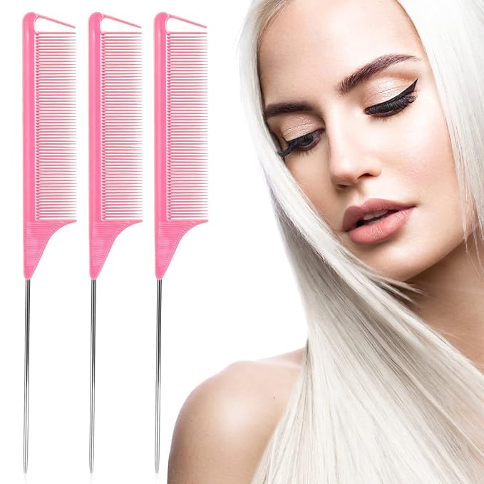 Rat Tail Combs Set - 3 Pack Long Steel Pin Combs for Hair Stylists, Parting and Teasing, Great for All Hair Types (Pink)